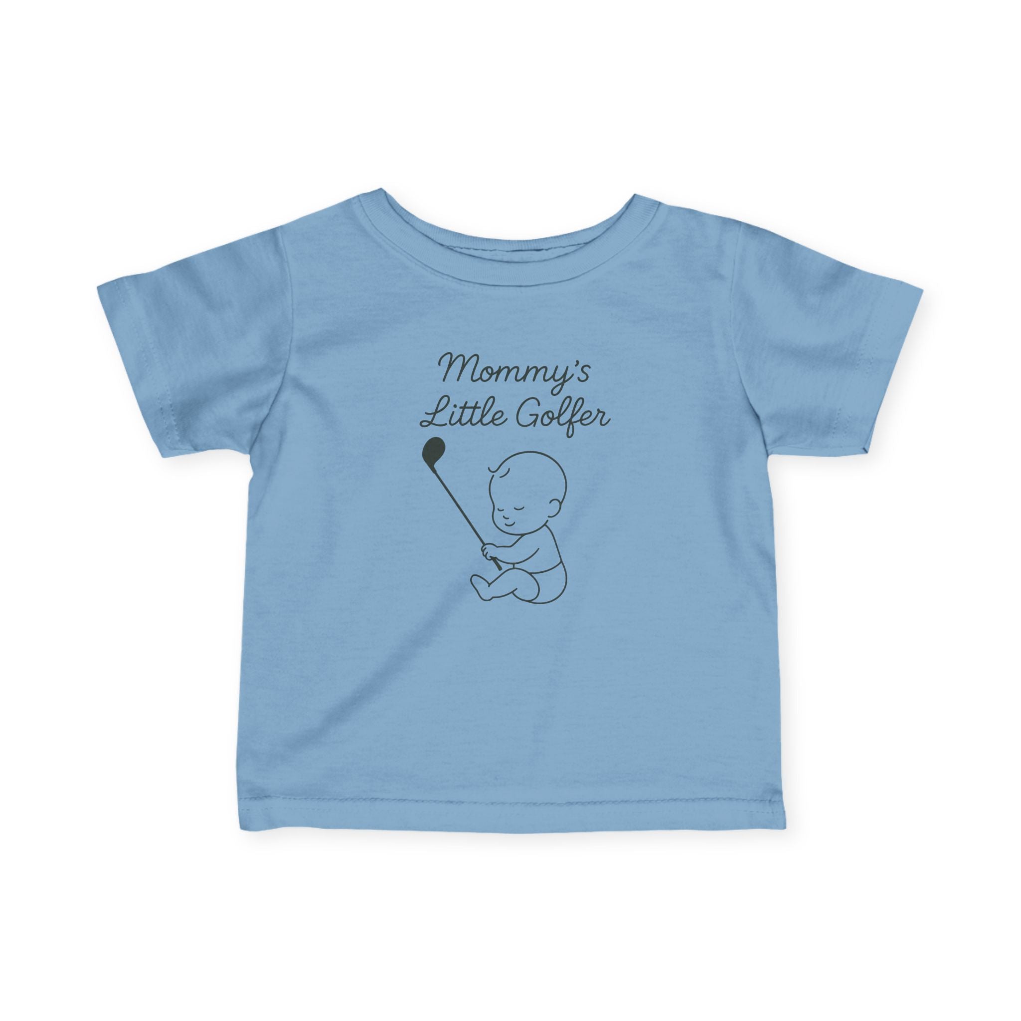 Mommy's Little Golfer - Baby T-shirt in Light Blue, great for casual wear. Find more fun golf focused products at oneforetheages.com