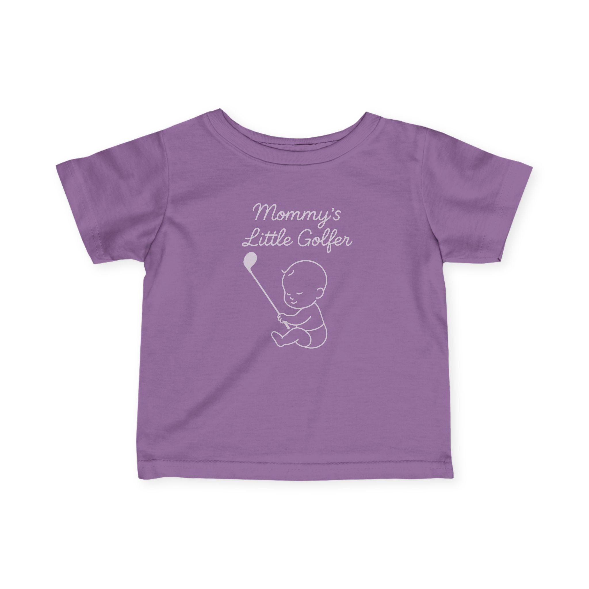 Mommy's Little Golfer - Baby T-shirt in Lavender, great for casual wear. Find more fun golf focused products at oneforetheages.com
