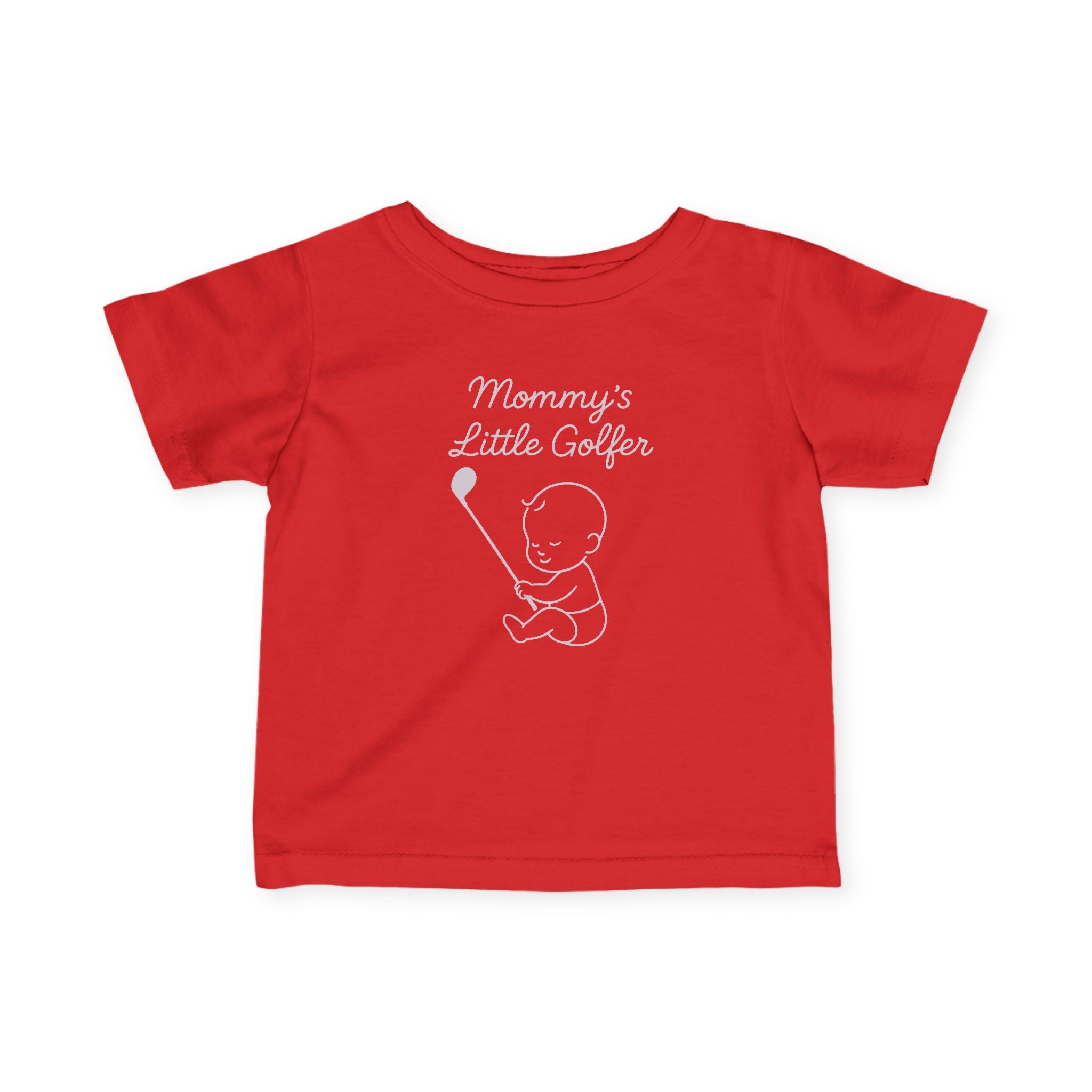 Mommy's Little Golfer - Baby T-shirt in Red, great for casual wear. Find more fun golf focused products at oneforetheages.com