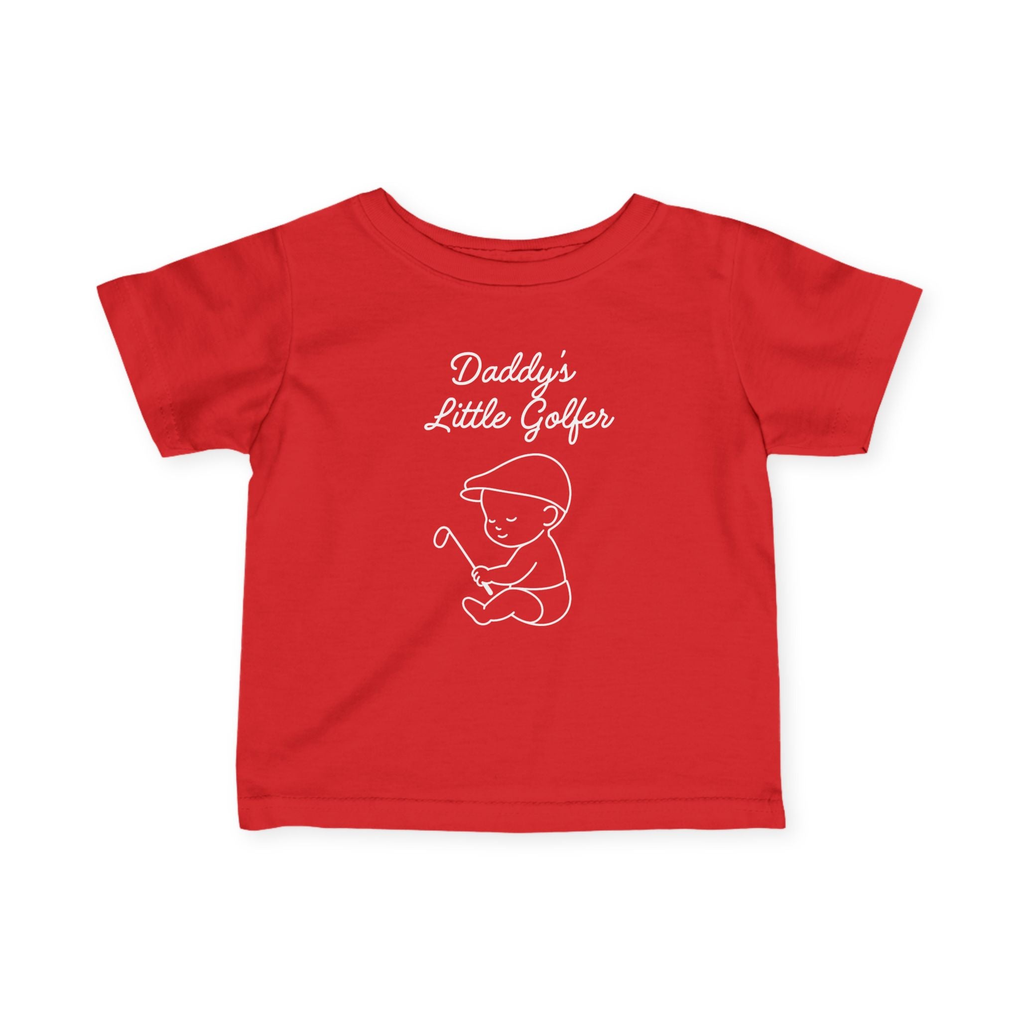 Daddy's Little Golfer - Baby T-shirt in Red, great for casual wear. Find more fun golf focused products at oneforetheages.com