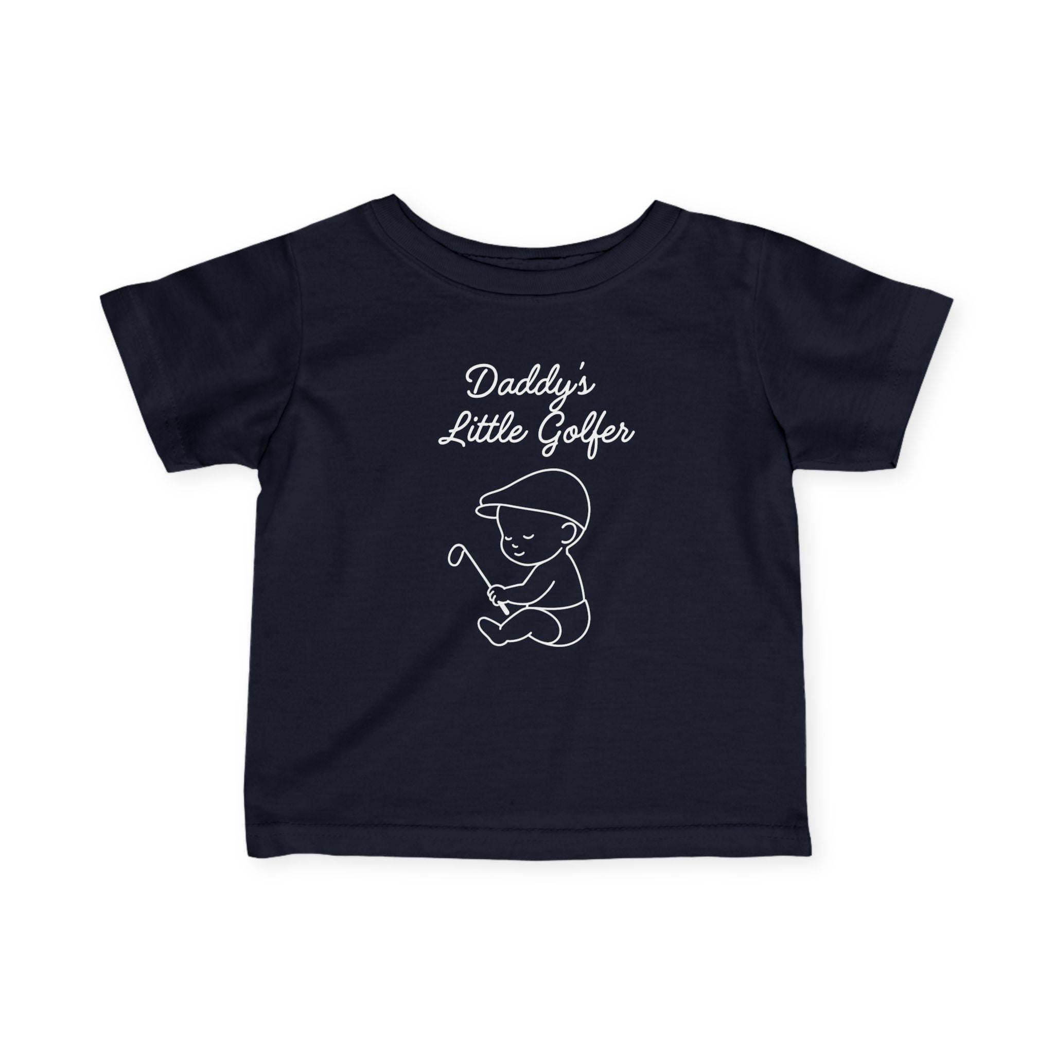 Daddy's Little Golfer - Baby T-shirt in Navy, great for casual wear. Find more fun golf focused products at oneforetheages.com
