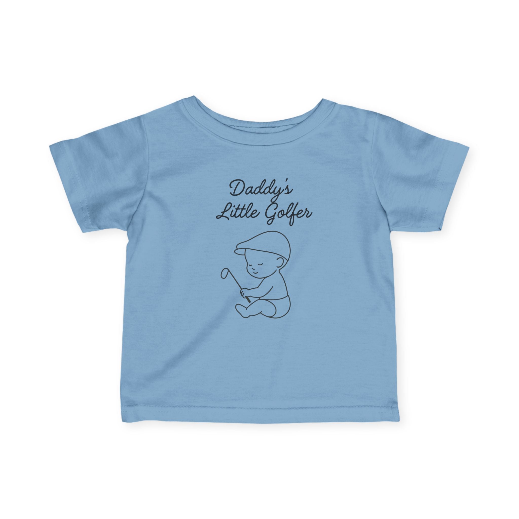 Daddy's Little Golfer - Baby T-shirt in Light Blue, great for casual wear. Find more fun golf focused products at oneforetheages.com