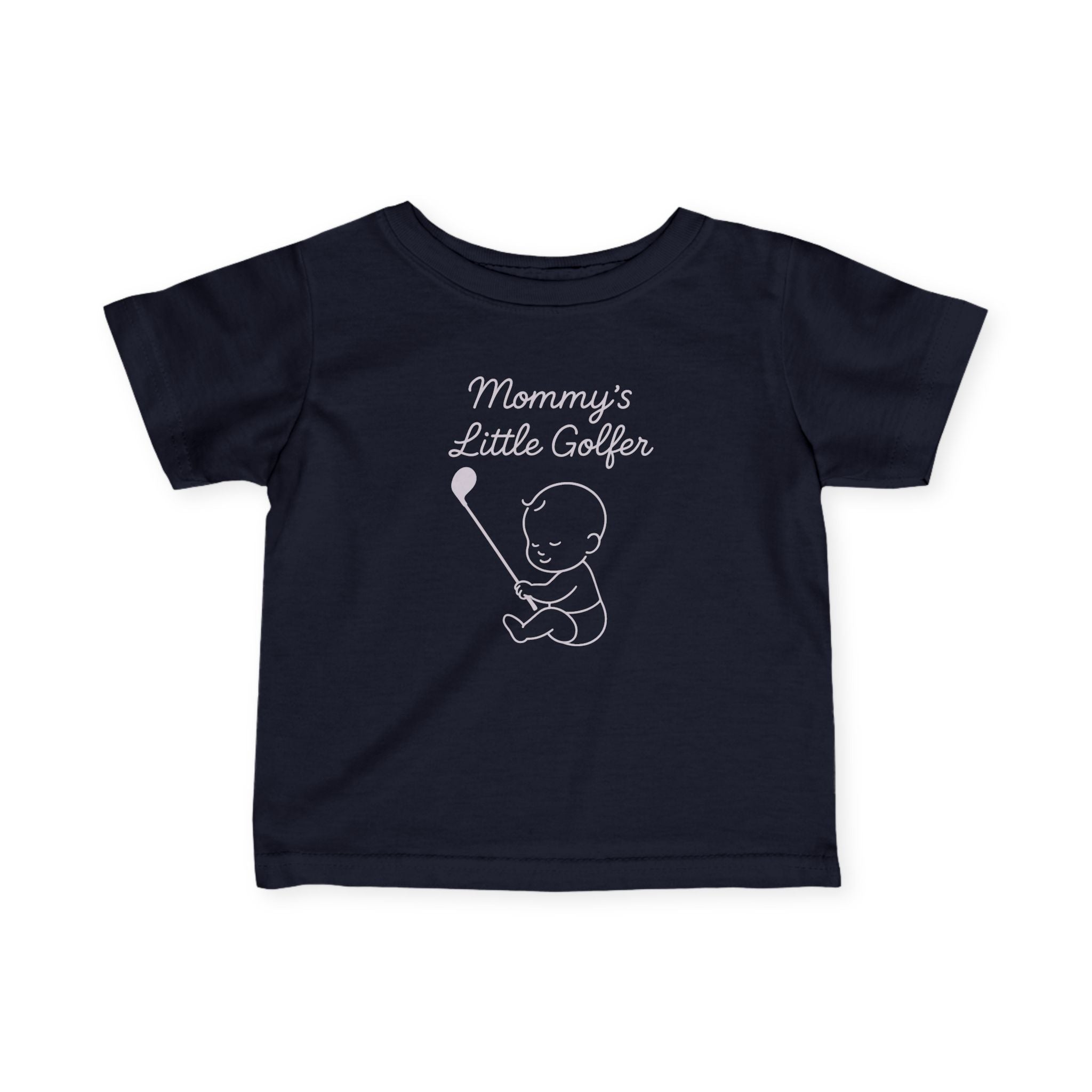 Mommy's Little Golfer - Baby T-shirt in Navy, great for casual wear. Find more fun golf focused products at oneforetheages.com