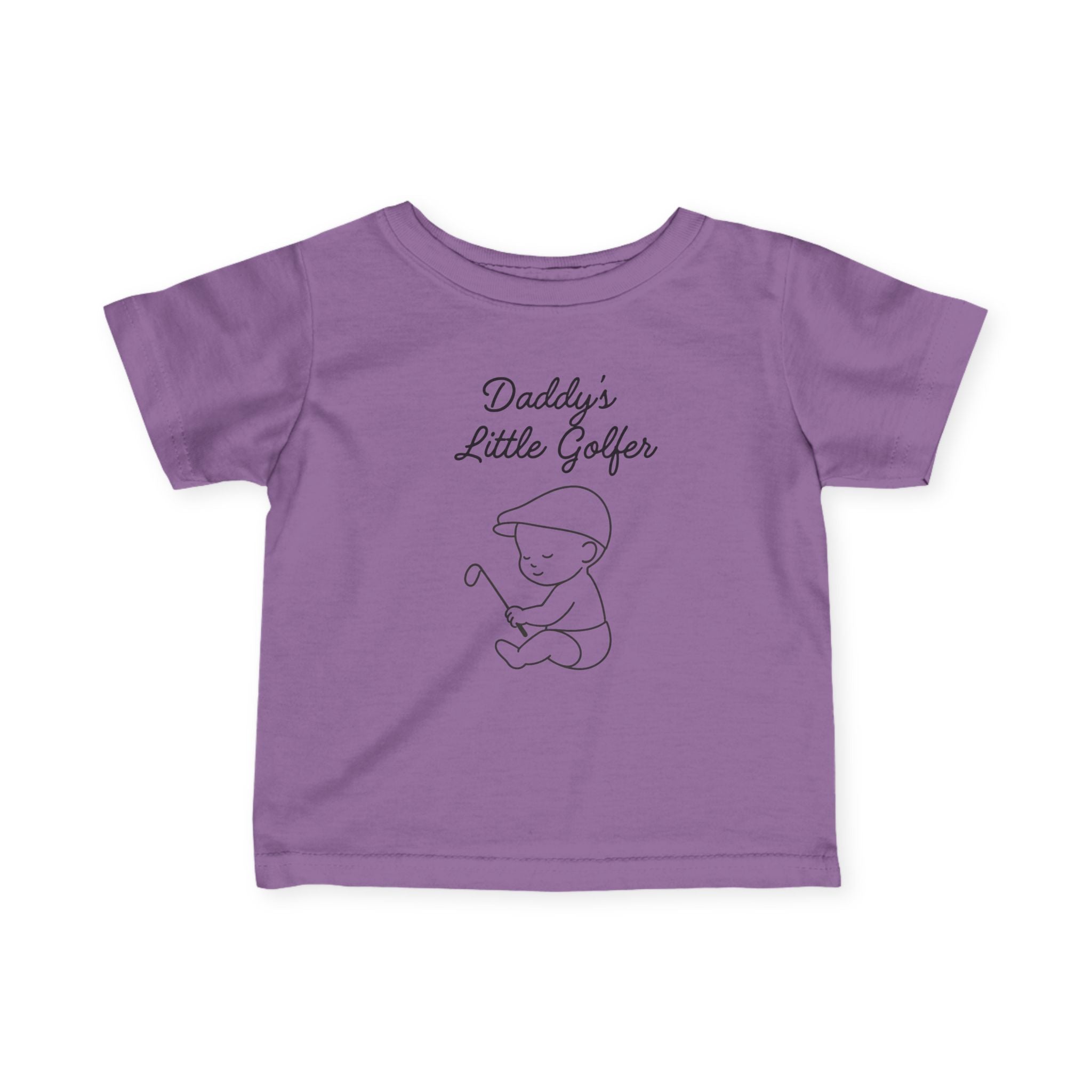 Daddy's Little Golfer - Baby T-shirt in Lavender, great for casual wear. Find more fun golf focused products at oneforetheages.com