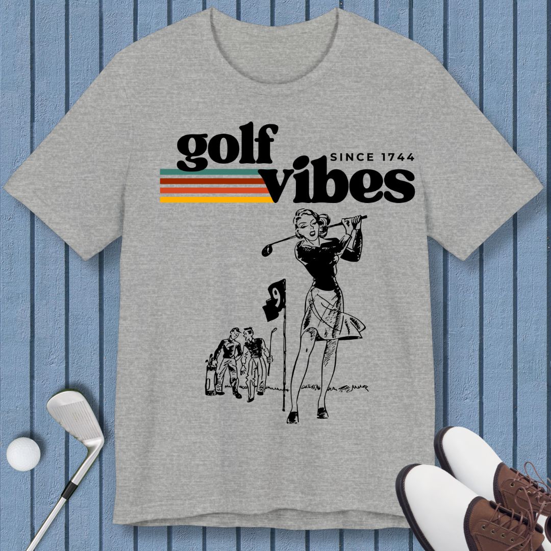 Golf Vibes | Retro T-shirt in Athletic Heather, great for casual wear. Find more fun golf focused products at oneforetheages.com