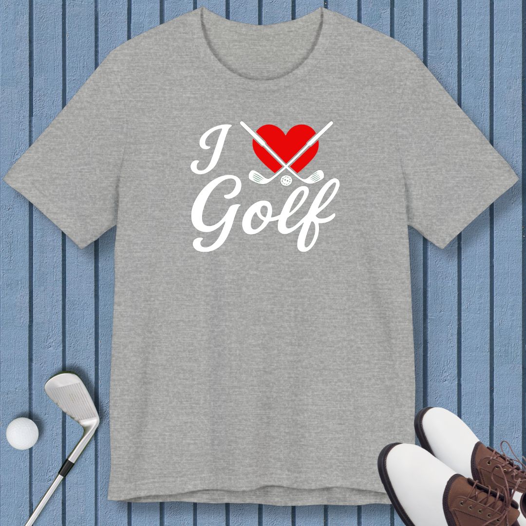 I Love Golf - T-shirt in Athletic Heather, great for casual wear. Find more fun golf focused products at oneforetheages.com