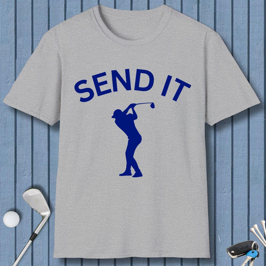 SEND IT - Male Golfer T-Shirt in Sport Grey, great for casual wear. Find more fun golf focused products at oneforetheages.com