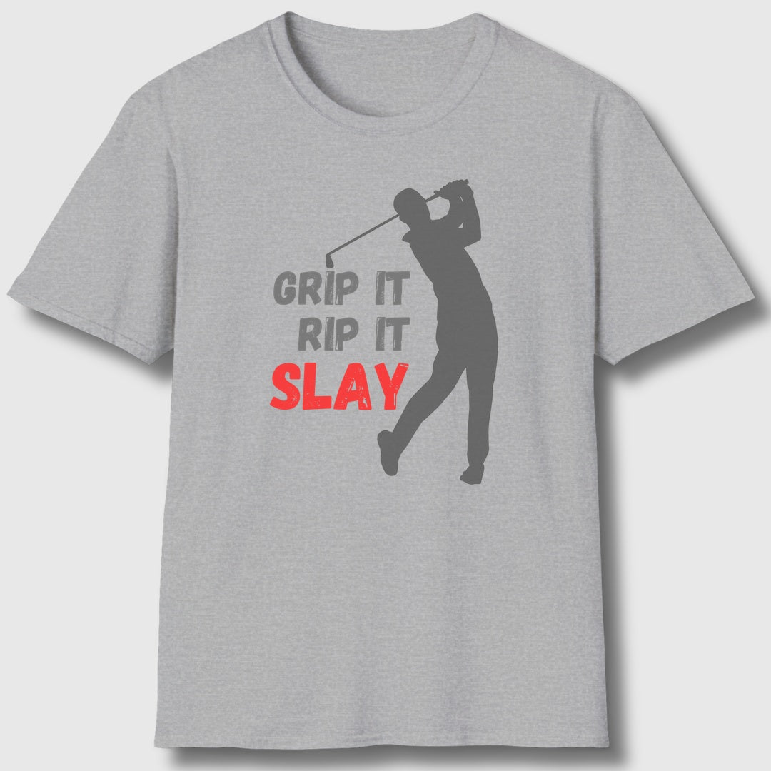 GRIP IT, RIP IT, SLAY (Male) - Adult Golf T-Shirt in Athletic Heather