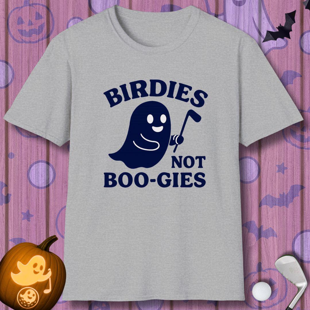Birdies not BOO-GIES - Halloween T-shirt in Sport Grey, great for casual wear. Find more fun golf focused products at oneforetheages.com