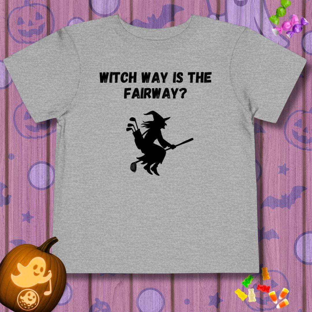 Witch Way is the Fairway? - Toddler Halloween T-shirt in Athletic Heather, great for casual wear. Find more fun golf focused products at oneforetheages.com