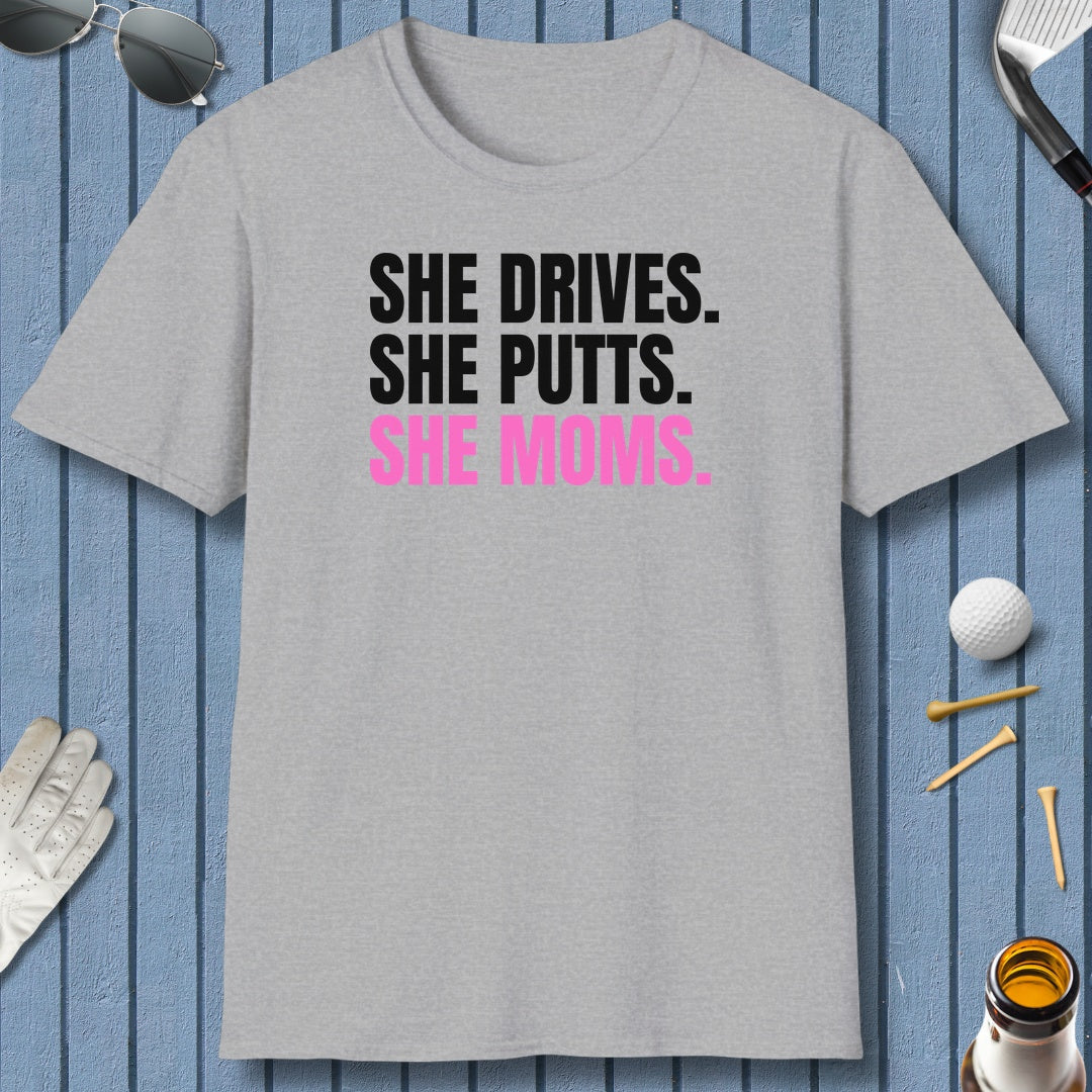 SHE DRIVES. SHE PUTTS. SHE MOMS. - Adult Golf T-Shirt in Athletic Heather