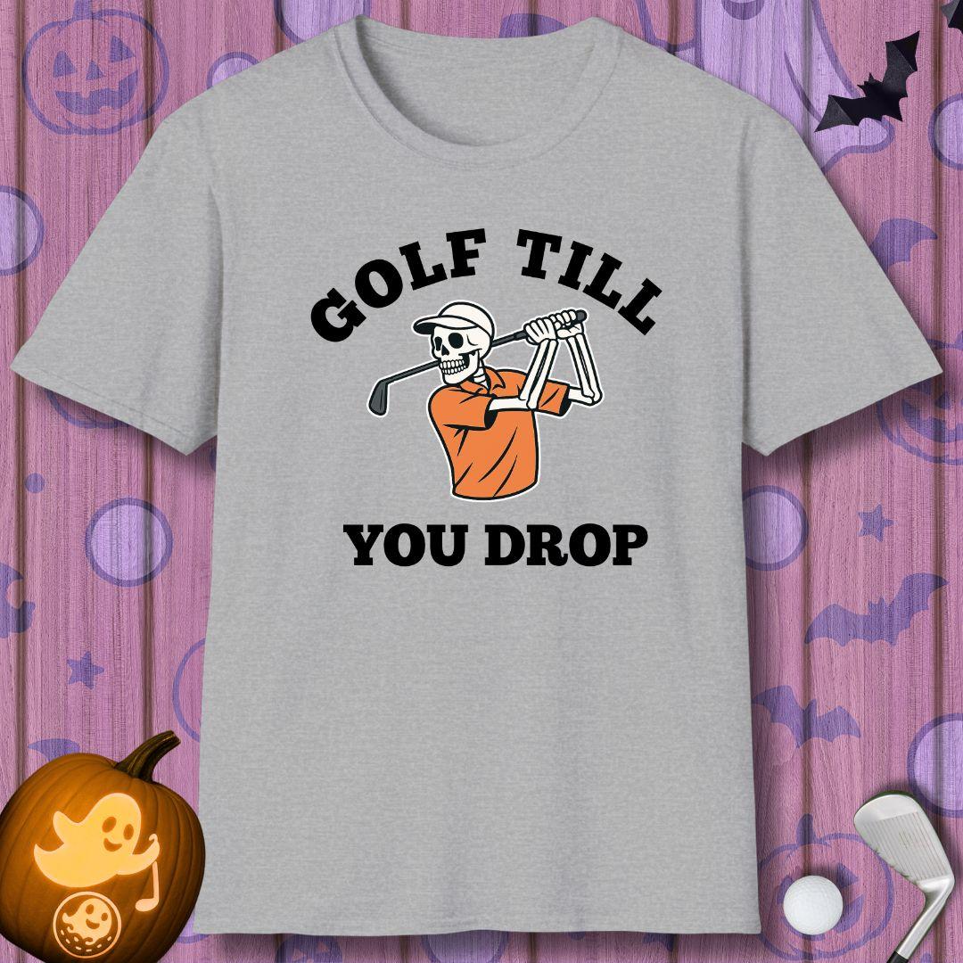 Golf Till You Drop - Halloween T-shirt in Sport Grey, great for casual wear. Find more fun golf focused products at oneforetheages.com