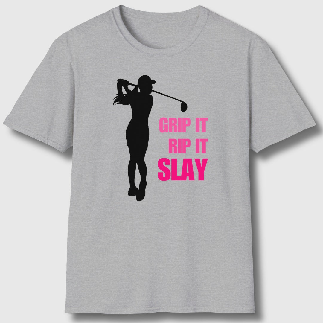 GRIP IT, RIP IT, SLAY (Female) - Adult Golf T-Shirt in Athletic Heather