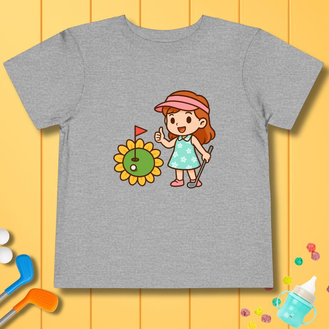 Sunflower Green - Girls Toddler T-Shirt in Athletic Heather, great for casual wear. Find more fun golf focused products at oneforetheages.com