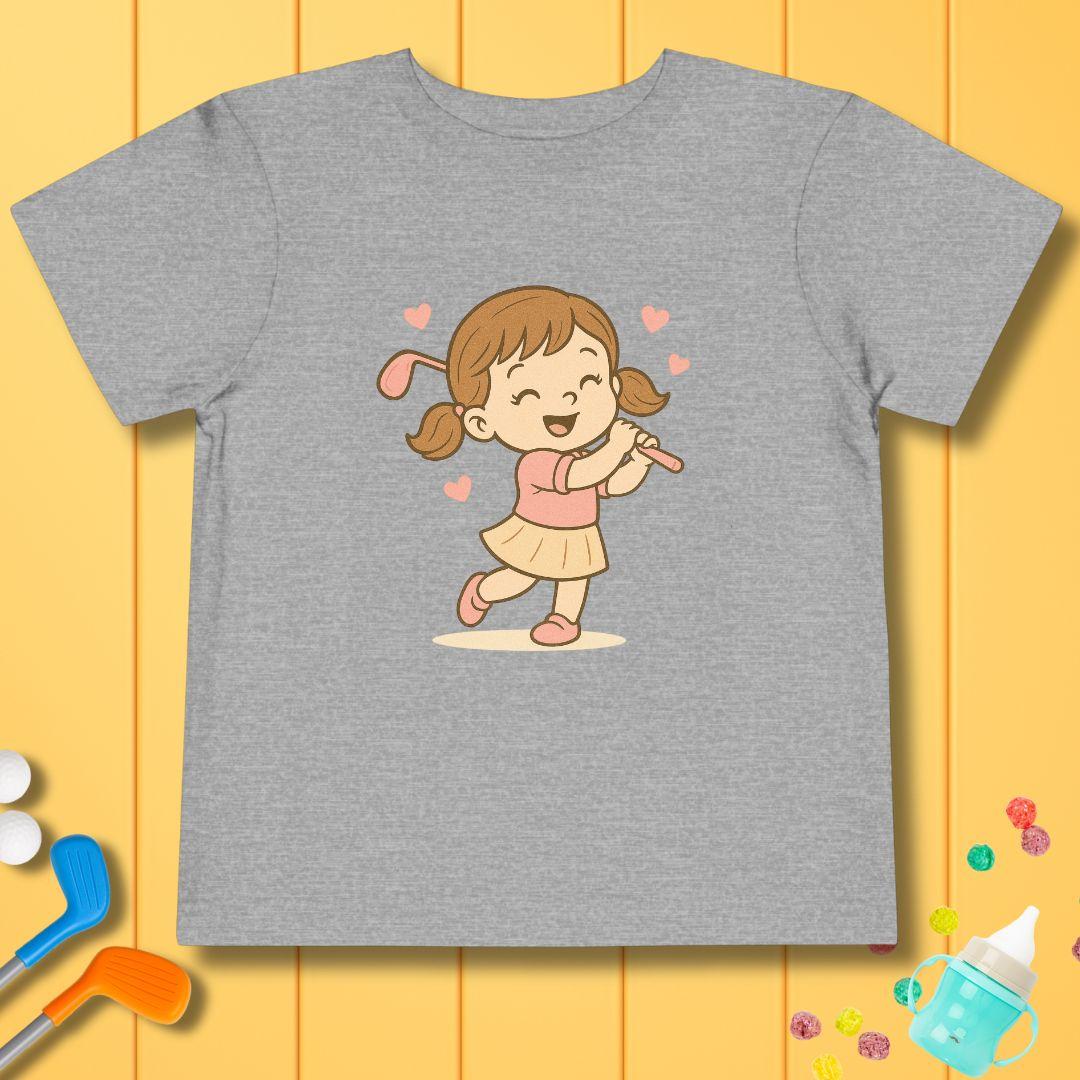Happy Golfer Girl - Toddler T-Shirt in Athletic Heather, great for casual wear. Find more fun golf focused products at oneforetheages.com