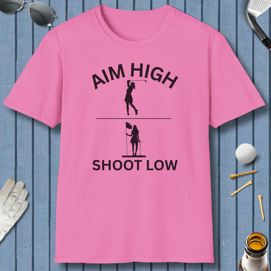 Aim High - Shoot Low (Female) - Adult Golf T-Shirt in Azalea
