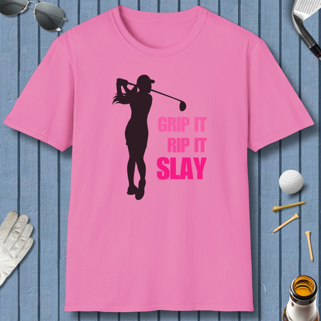 GRIP IT, RIP IT, SLAY (Female) - Adult Golf T-Shirt in Azalea