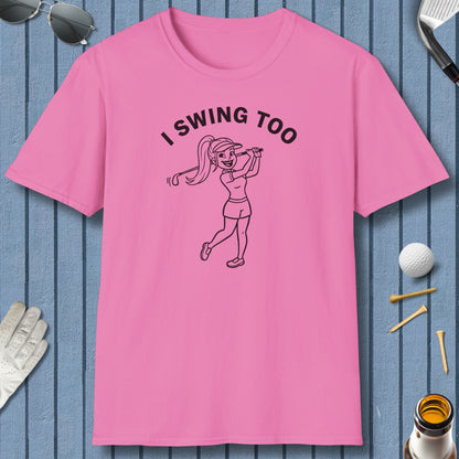 Retro I SWING TOO Women's Golf T-Shirt - Adult Golf T-Shirt in Azalea