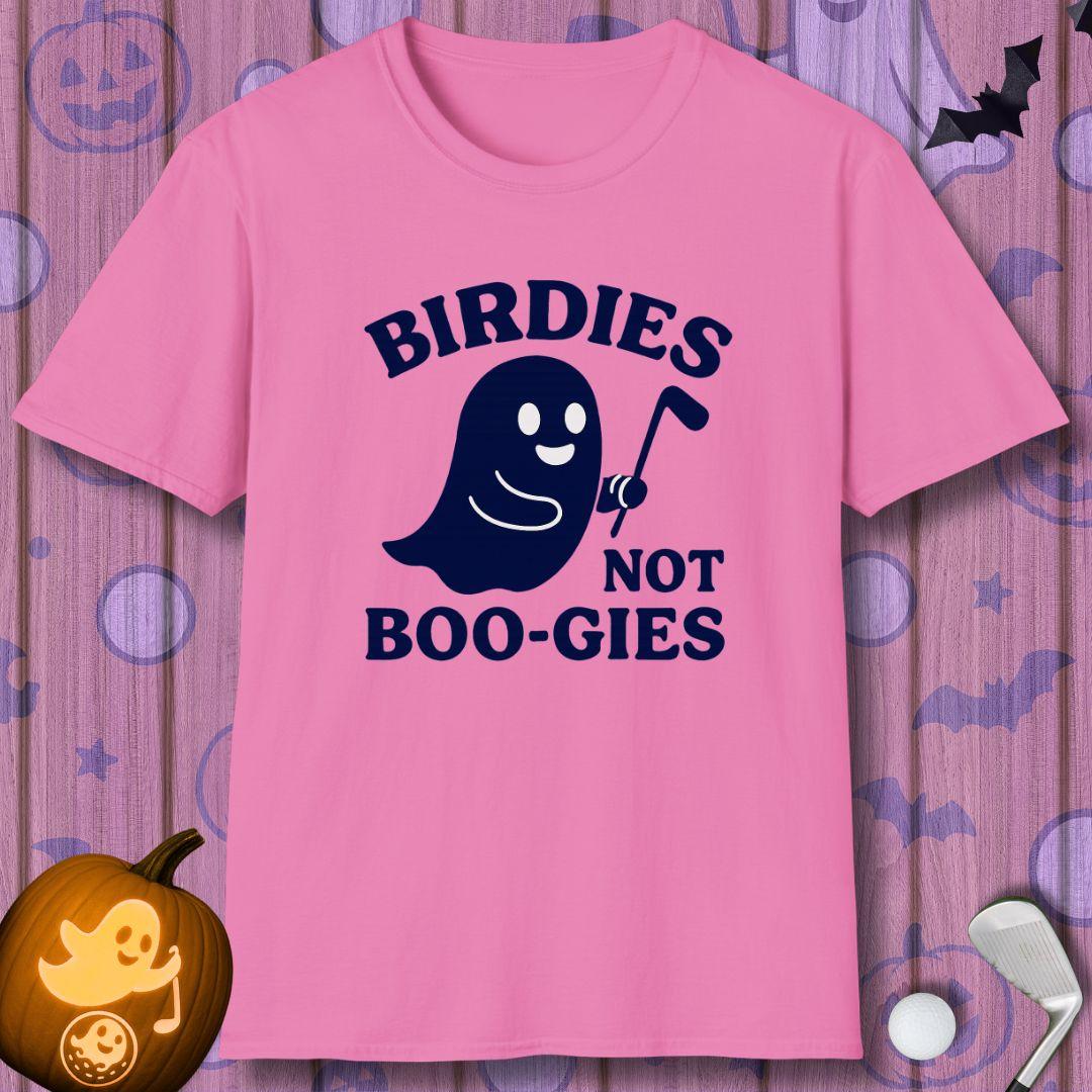 Birdies not BOO-GIES - Halloween T-shirt in Azalea, great for casual wear. Find more fun golf focused products at oneforetheages.com