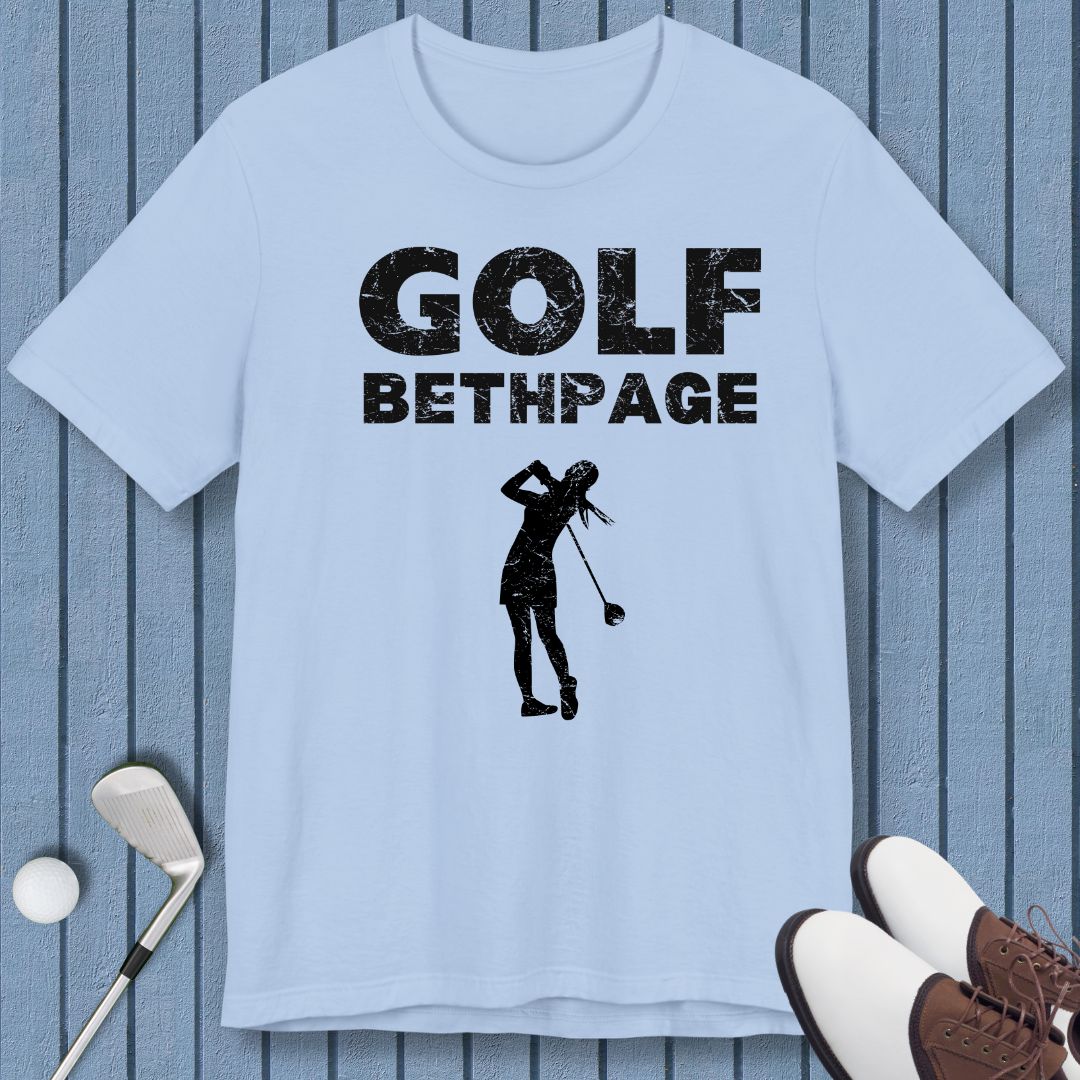 Golf Bethpage - Female T-shirt in Baby Blue, great for casual wear. Find more fun golf focused products at oneforetheages.com
