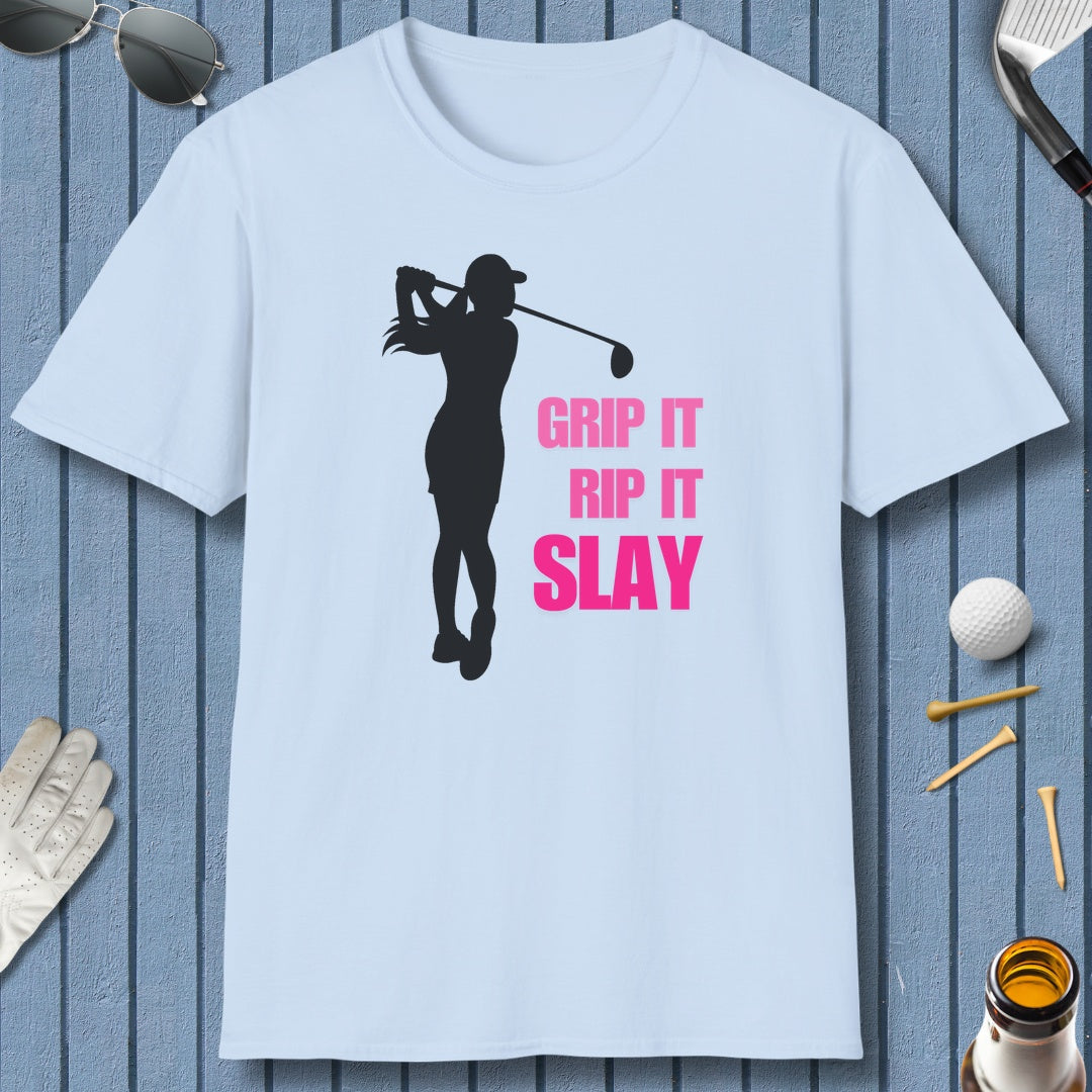GRIP IT, RIP IT, SLAY (Female) - Adult Golf T-Shirt in Light Blue