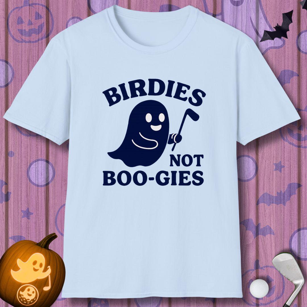 Birdies not BOO-GIES - Halloween T-shirt in Light Blue, great for casual wear. Find more fun golf focused products at oneforetheages.com