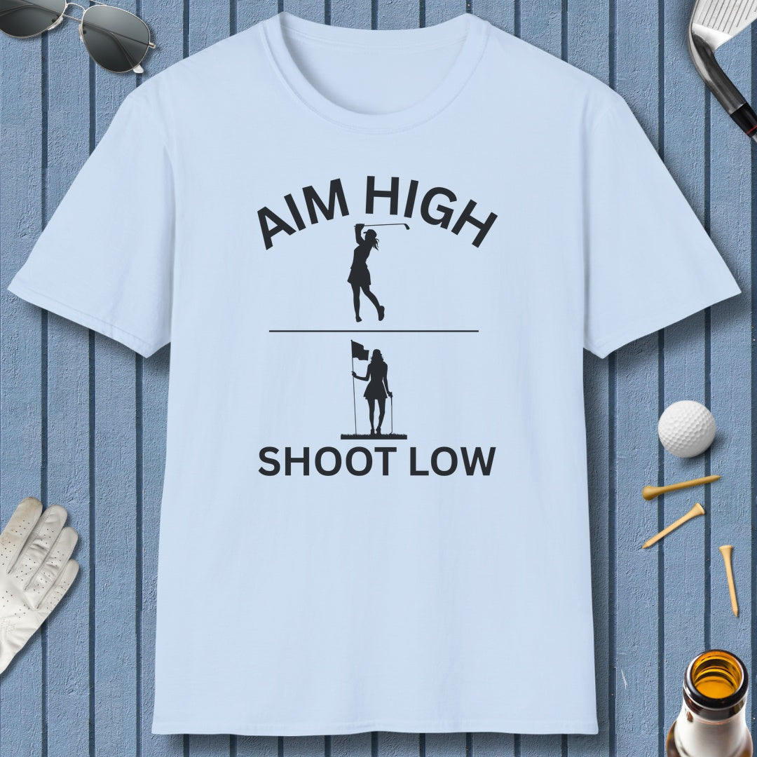 Aim High - Shoot Low (Female) - Adult Golf T-Shirt in Light Blue
