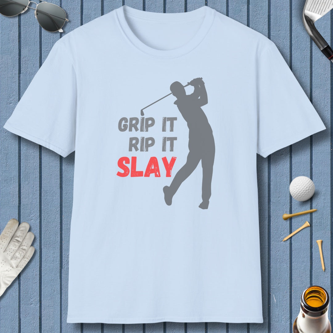 GRIP IT, RIP IT, SLAY (Male) - Adult Golf T-Shirt in Light Blue