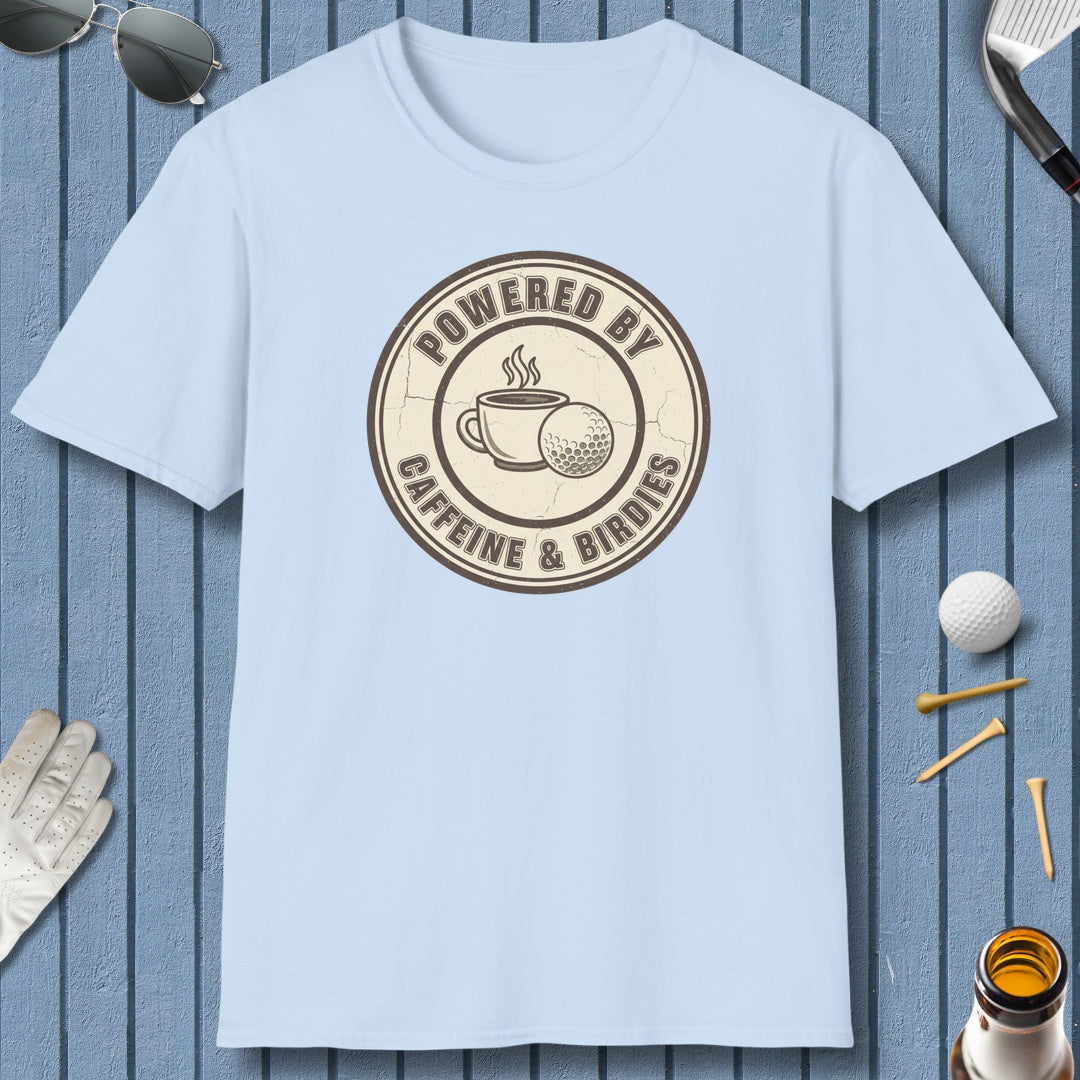 Powered by Caffeine & Birdies - Adult Golf T-Shirt in Light Blue