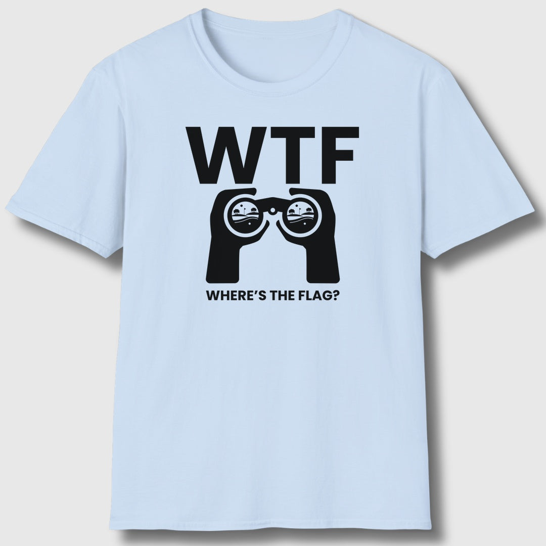 WTF - Where's the Flag - Adult Golf T-Shirt in Baby Blue