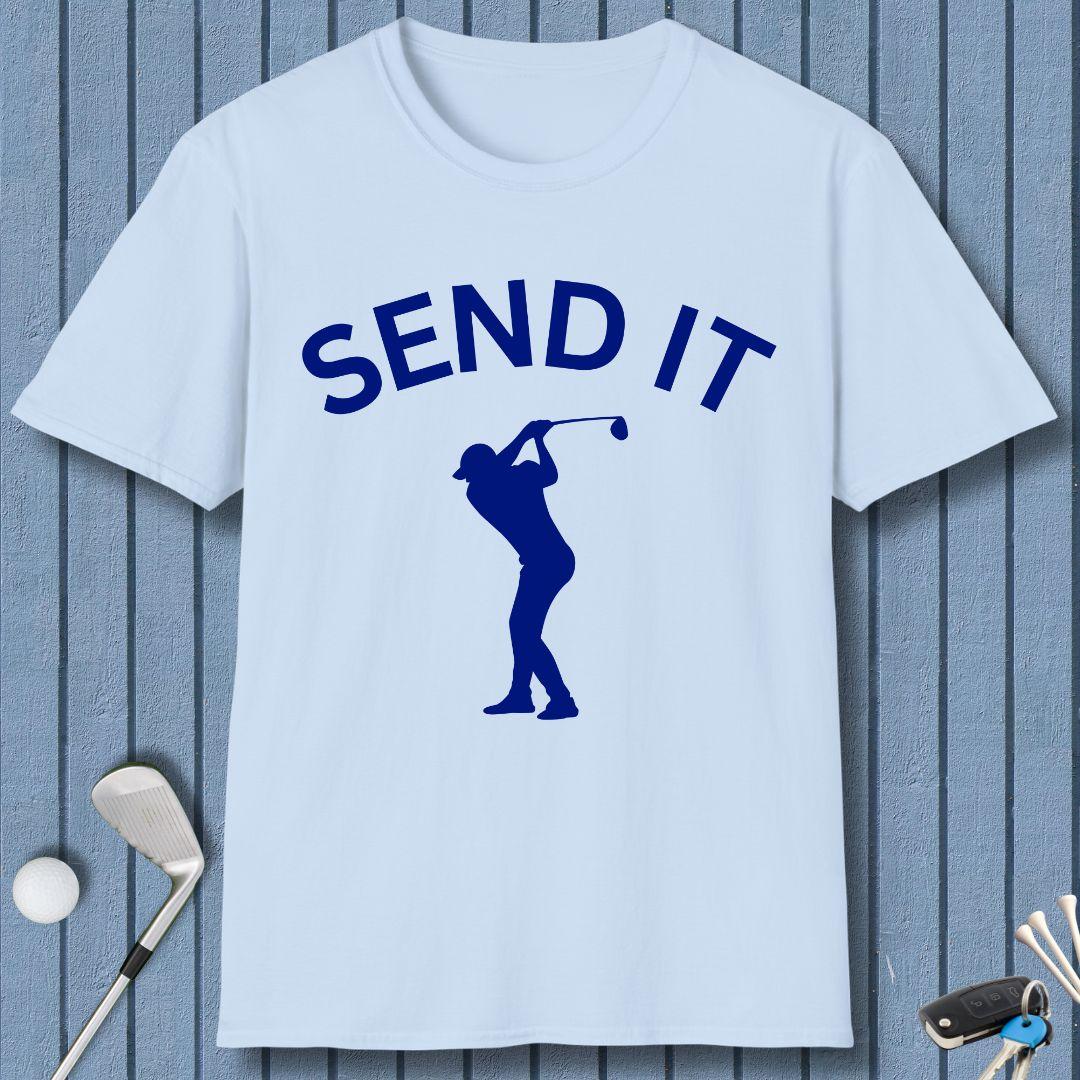 SEND IT - Male Golfer T-Shirt in Light Blue, great for casual wear. Find more fun golf focused products at oneforetheages.com