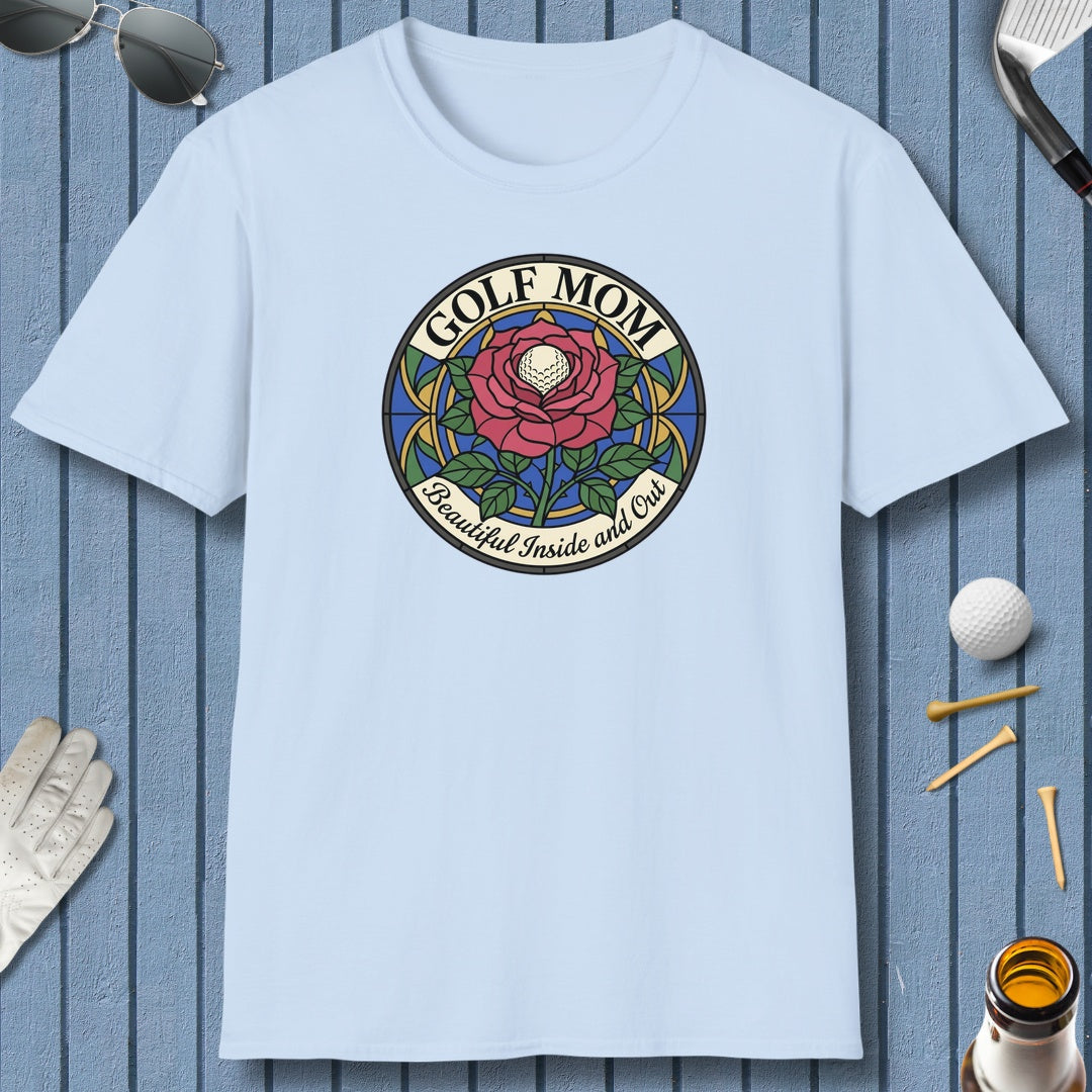 GOLF MOM: BEAUTIFUL INSIDE AND OUT, Stained Glass Rose Tee - Adult Golf T-Shirt in Baby Blue