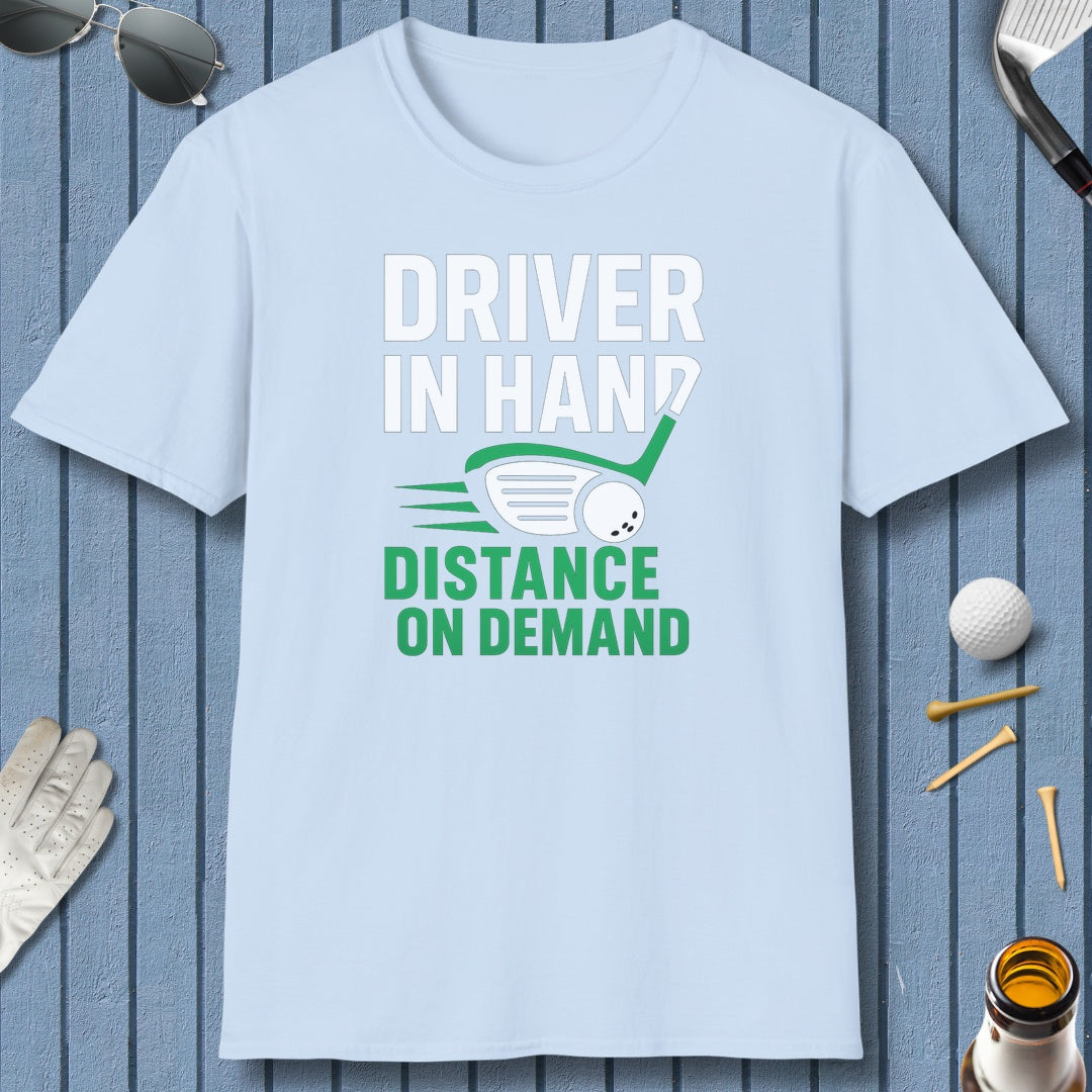 Driver in Hand - Distance on Demand - Adult Golf T-Shirt in Light Blue