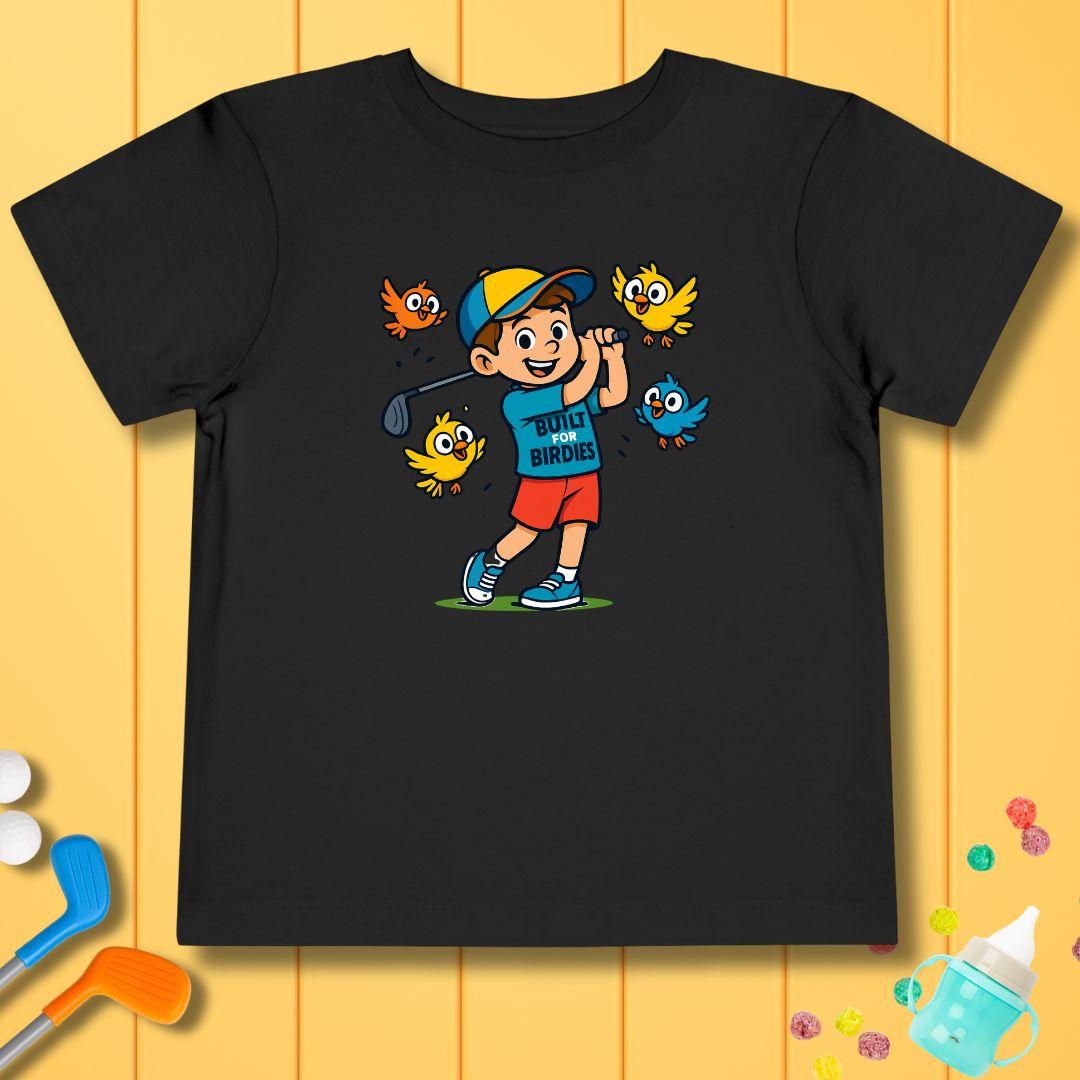 Built for Birdies Toddler T-Shirt in Black, great for casual wear. Find more fun golf focused products at oneforetheages.com