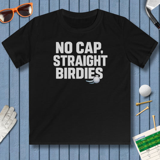 NO CAP, STRAIGHT BIRDIES - Youth Golf T-Shirt in Black