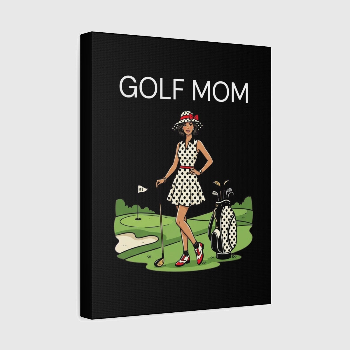 FASHIONABLE GOLF MOM, Polka Dot Dress Tee - Canvas Wall Art - Black - 11×14 - front