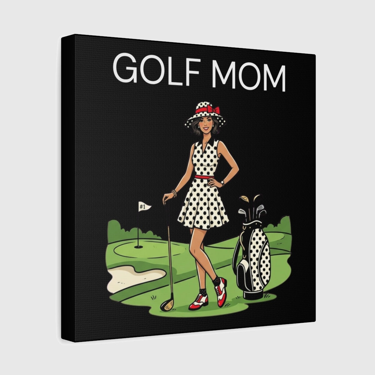 FASHIONABLE GOLF MOM, Polka Dot Dress Tee - Canvas Wall Art - Black - 12×12 - front