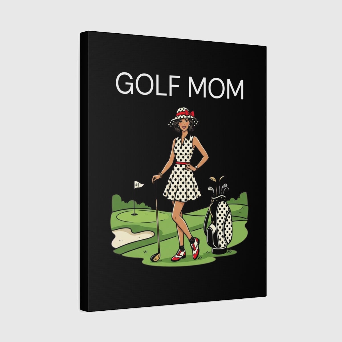 FASHIONABLE GOLF MOM, Polka Dot Dress Tee - Canvas Wall Art - Black - 16×20 - front