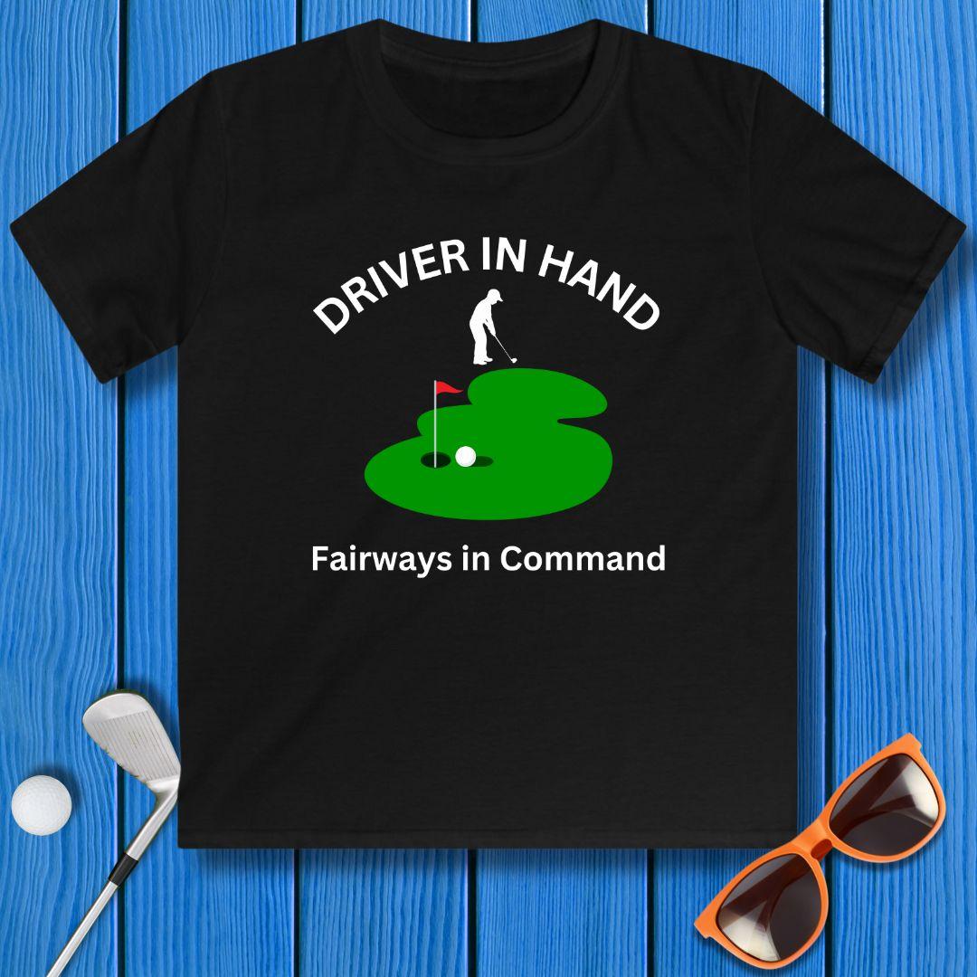 Driver in Hand - Fairways in Command - Junior Boy T-shirt in Black, great for casual wear. Find more fun golf focused products at oneforetheages.com