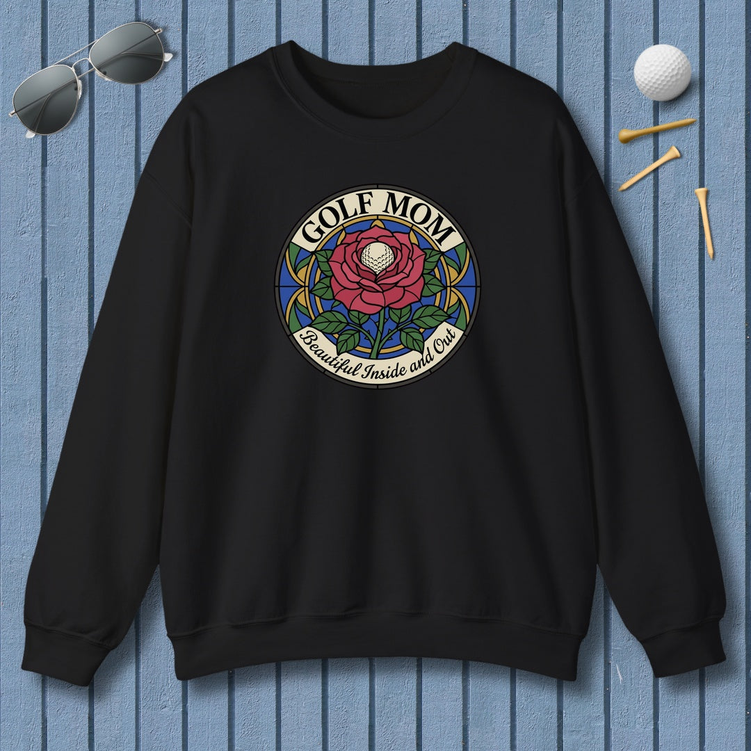 GOLF MOM: BEAUTIFUL INSIDE AND OUT, Stained Glass Rose Tee - Adult Golf Sweatshirt in Black