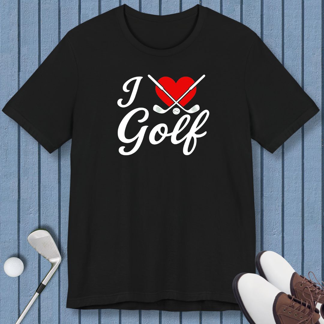 I Love Golf - T-shirt in Black, great for casual wear. Find more fun golf focused products at oneforetheages.com