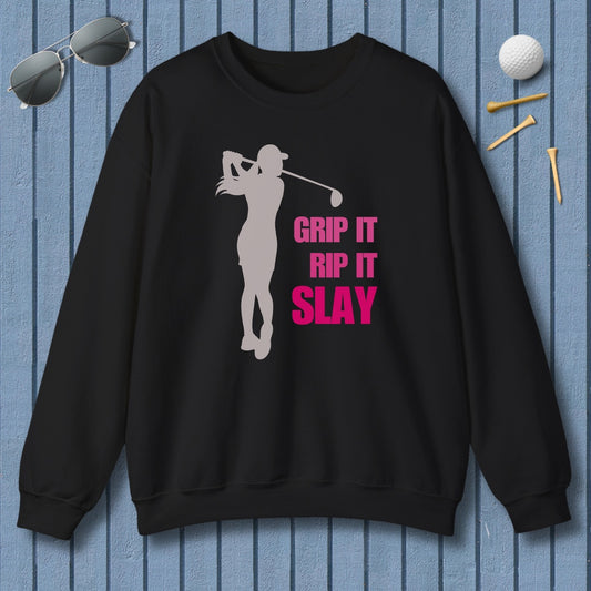 GRIP IT, RIP IT, SLAY (Female) - Adult Golf Sweatshirt in Black