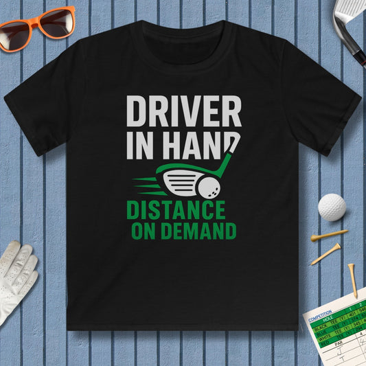 Driver in Hand - Distance on Demand - Youth Golf T-Shirt in Black