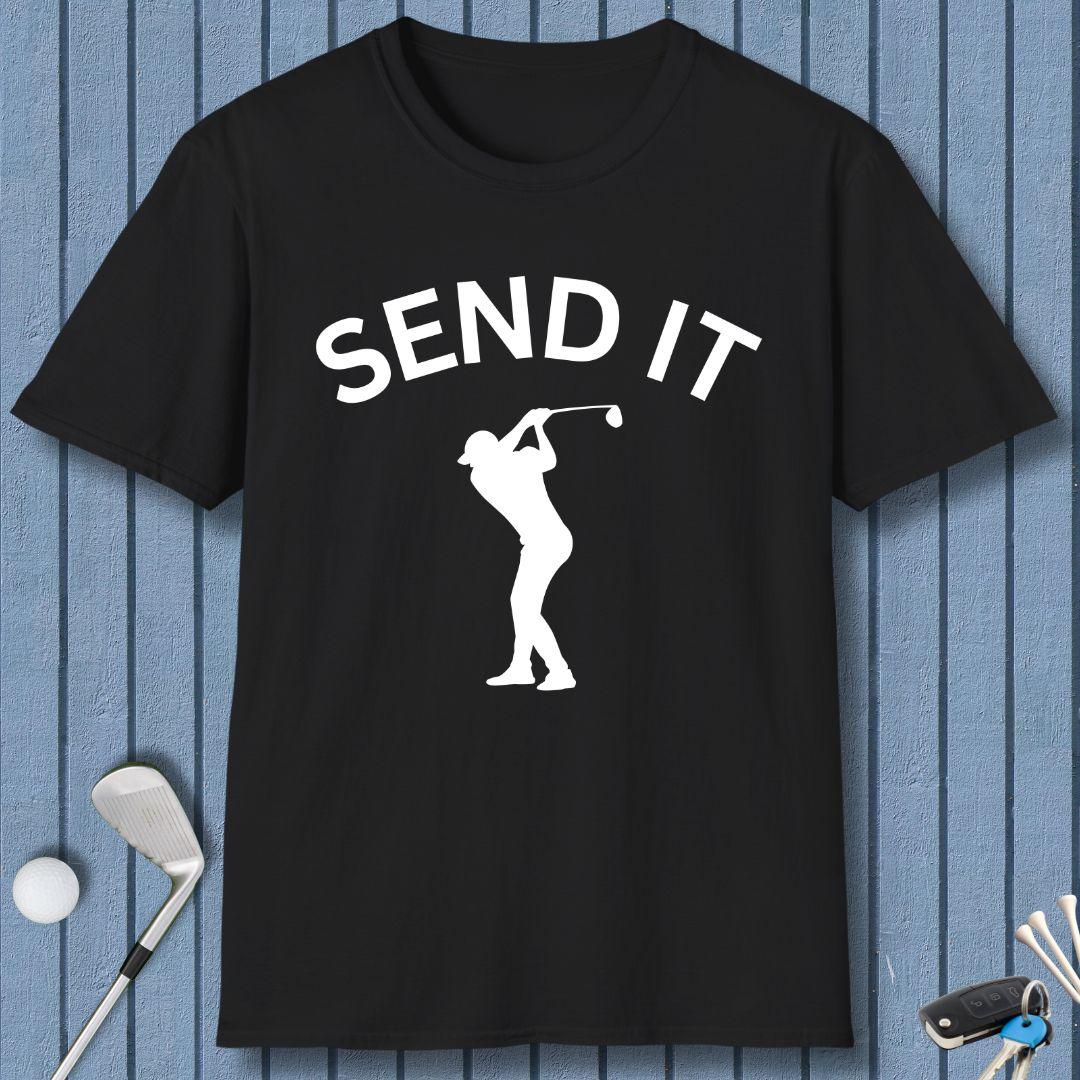 SEND IT - Male Golfer T-Shirt in Black, great for casual wear. Find more fun golf focused products at oneforetheages.com