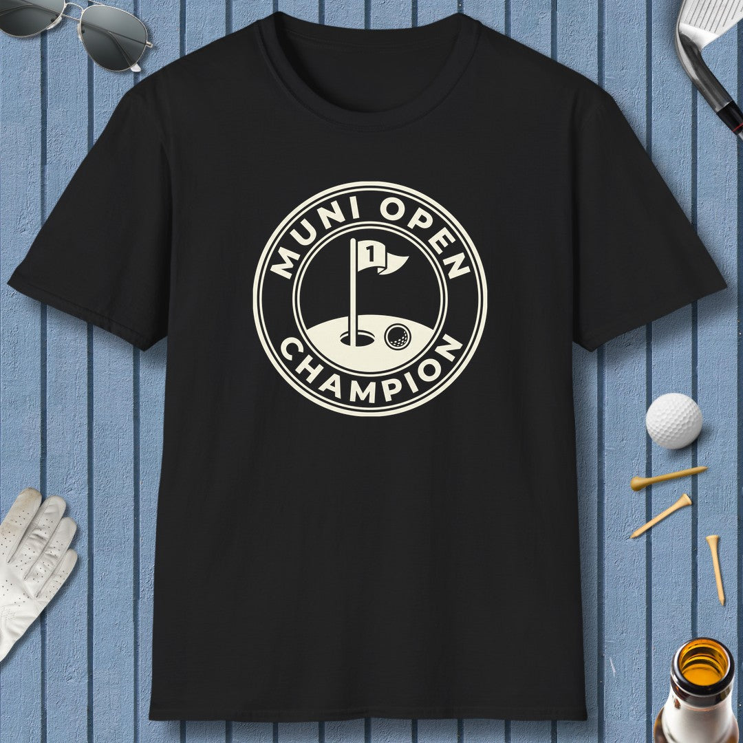 MUNI OPEN CHAMPION - MUNICIPAL GOLF COURSE T-SHIRT in Black