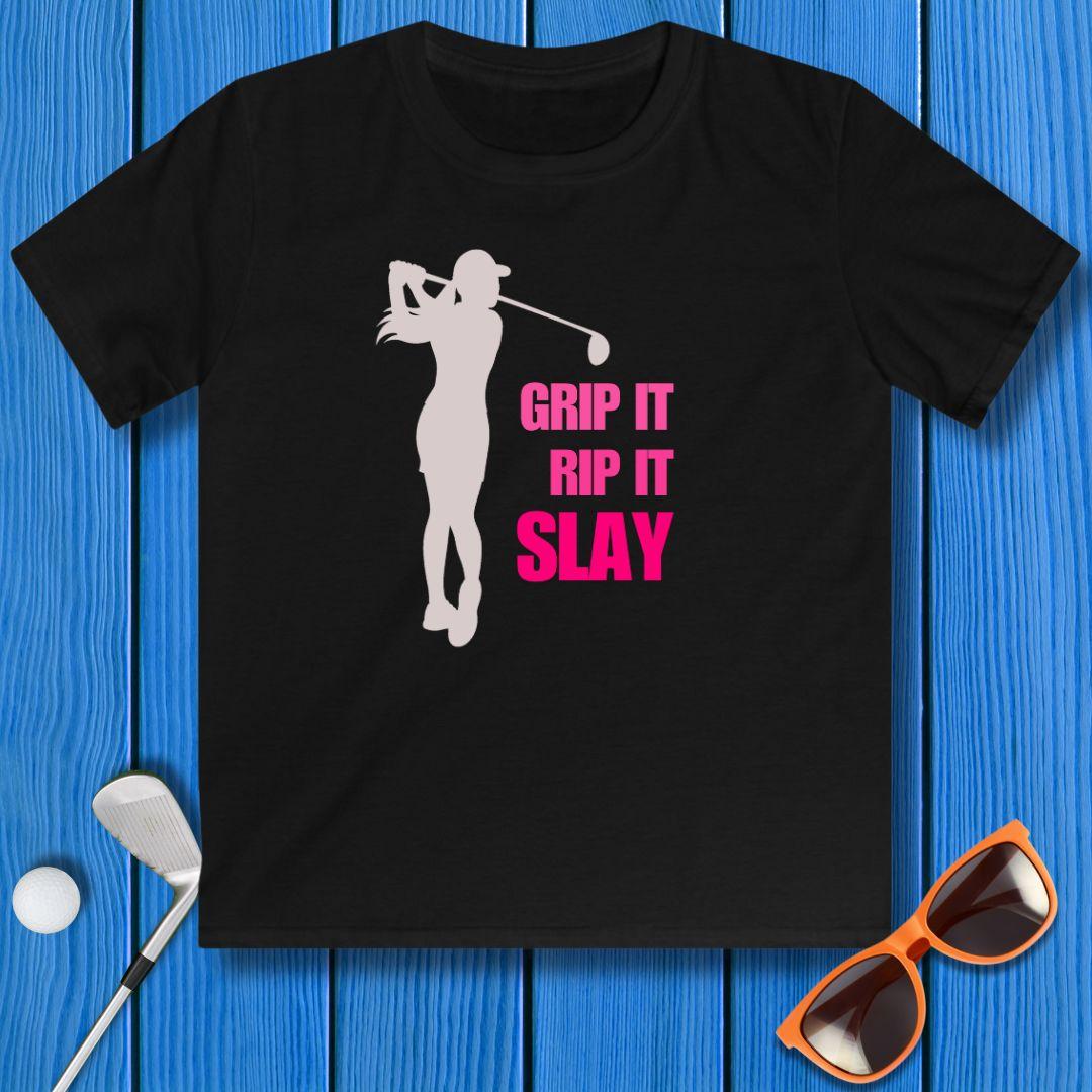 GRIP IT, RIP IT, SLAY - Youth Girls T-shirt in Black, great for casual wear. Find more fun golf focused products at oneforetheages.com