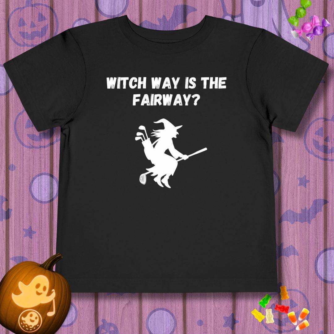 Witch Way is the Fairway? - Toddler Halloween T-shirt in Black, great for casual wear. Find more fun golf focused products at oneforetheages.com