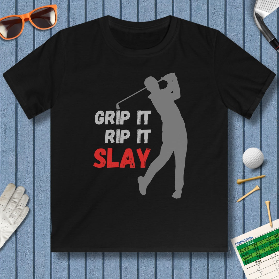 GRIP IT, RIP IT, SLAY (Male) - Youth Golf T-Shirt in Black