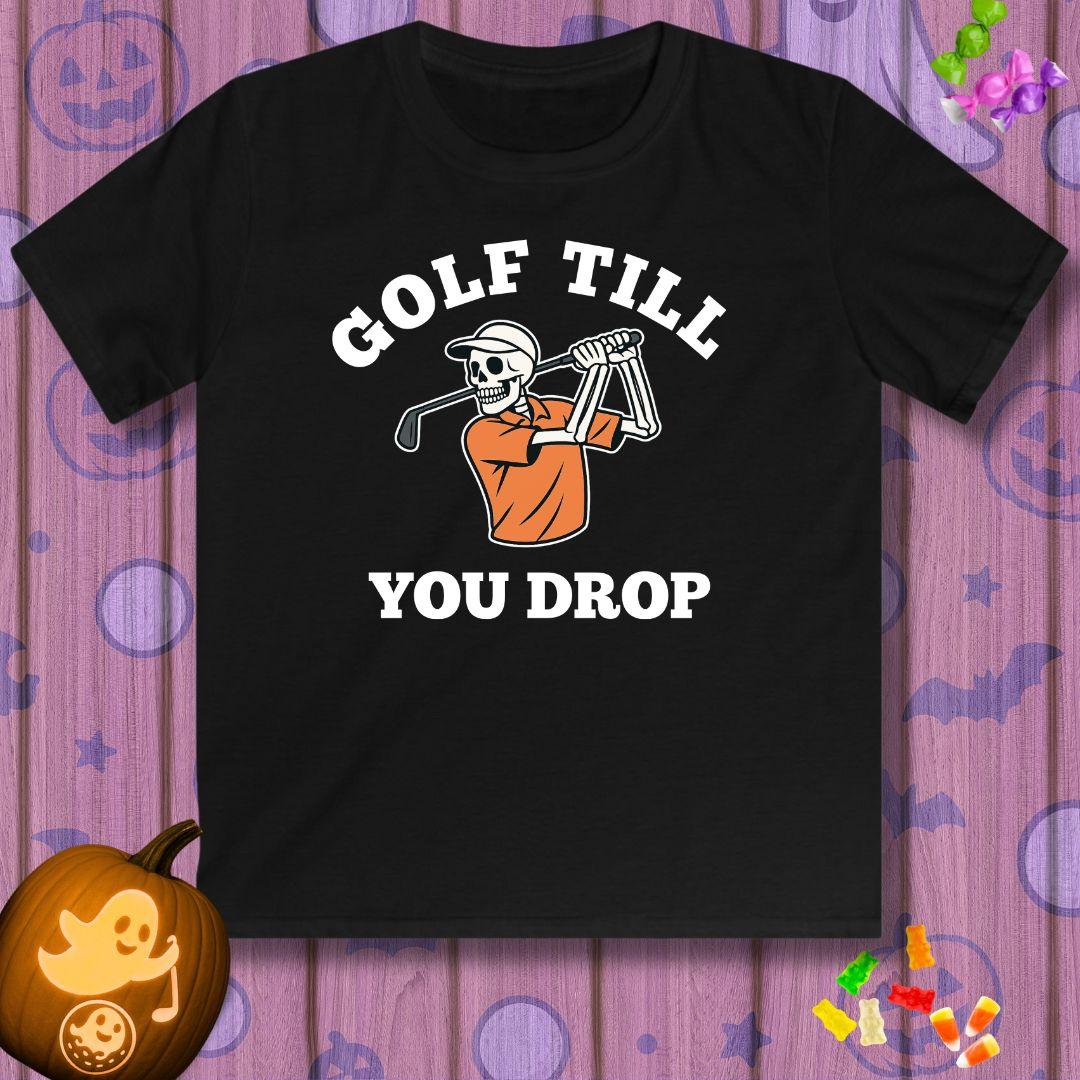 Golf Till You Drop - Youth Halloween T-shirt in Black, great for casual wear. Find more fun golf focused products at oneforetheages.com