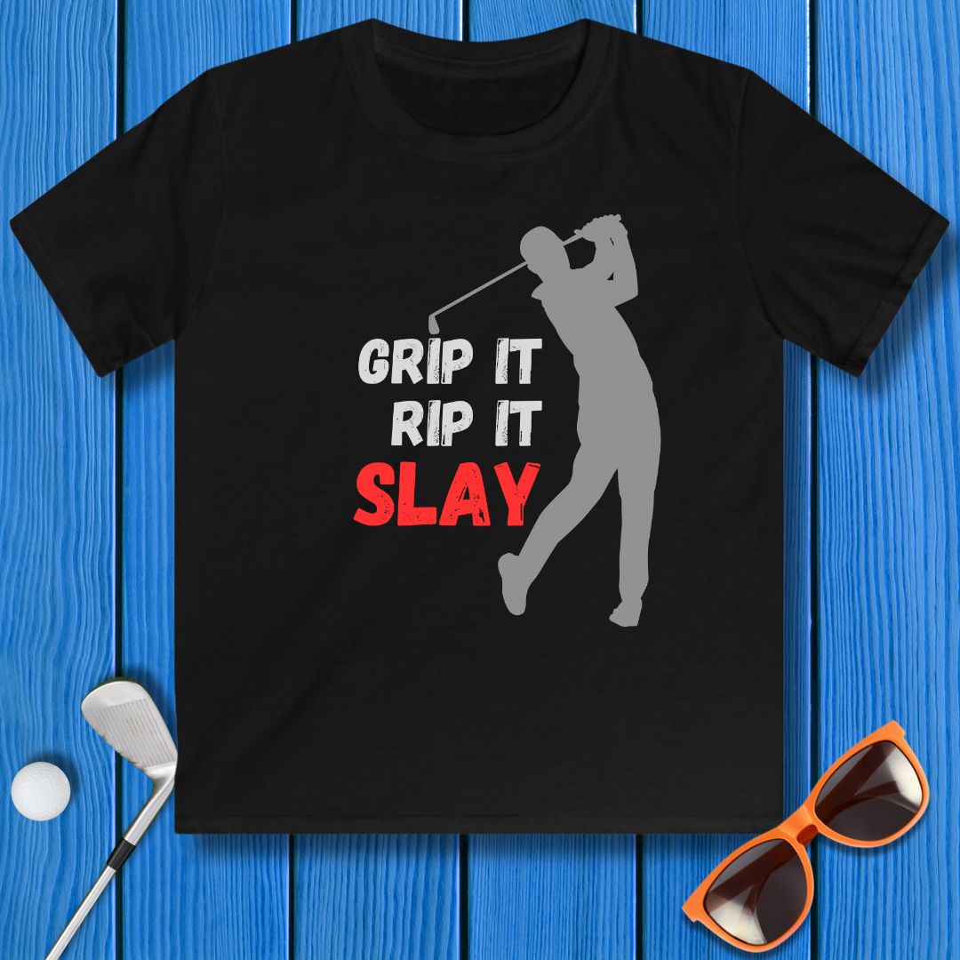 GRIP IT, RIP IT, SLAY - Youth Boys T-shirt in Black, great for casual wear. Find more fun golf focused products at oneforetheages.com